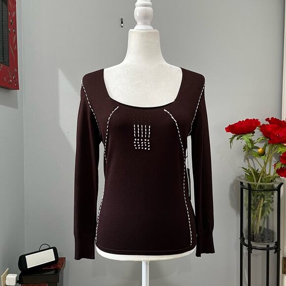 NEW BCBGMAXAZRIA Knit Classic Contrast Two Tone Scoop Neck Sweater Top M NWT - Picture 1 of 15